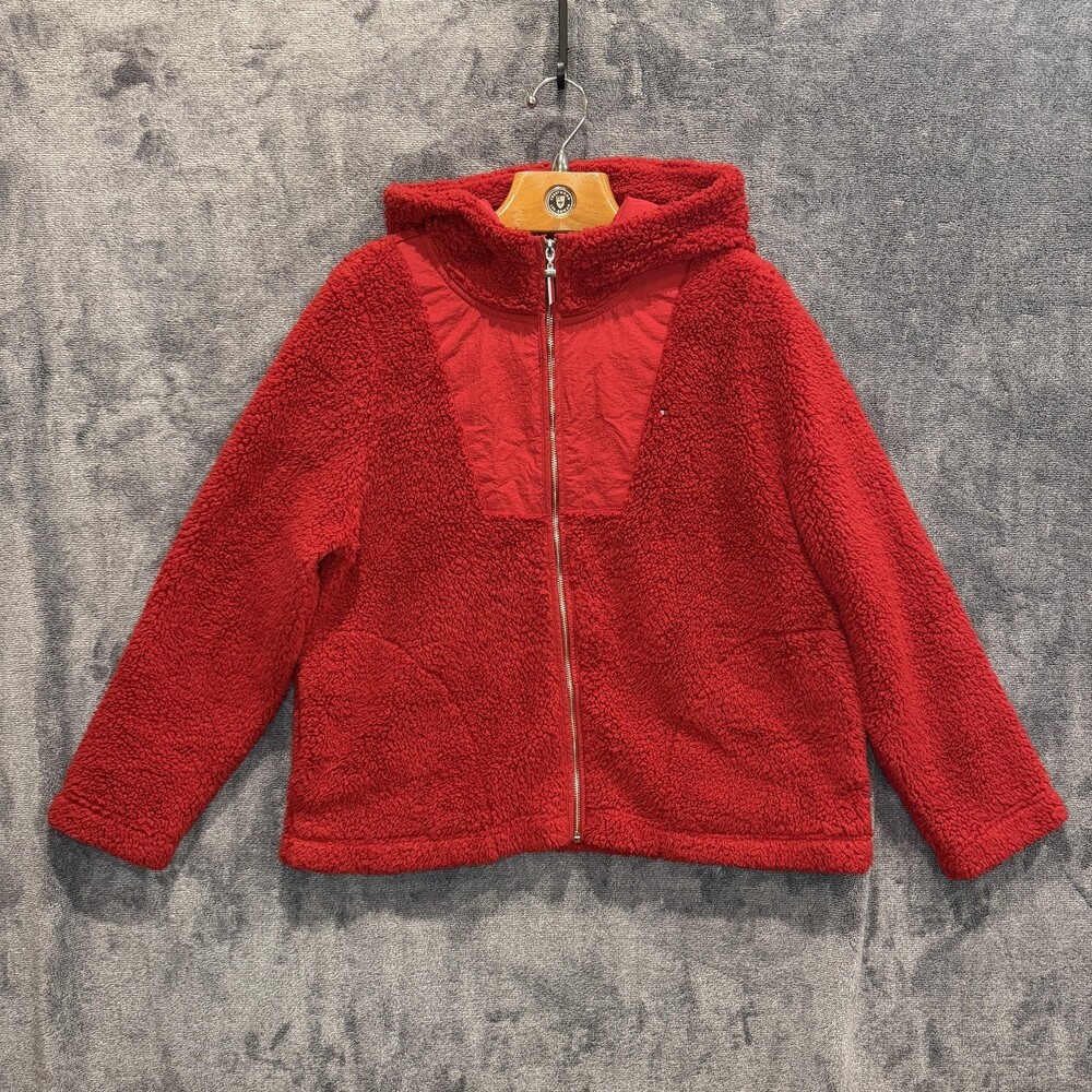 Tommy Hilfiger Jacket Womens Large Red Sherpa Fleece Hooded Full Zip Logo Teddy